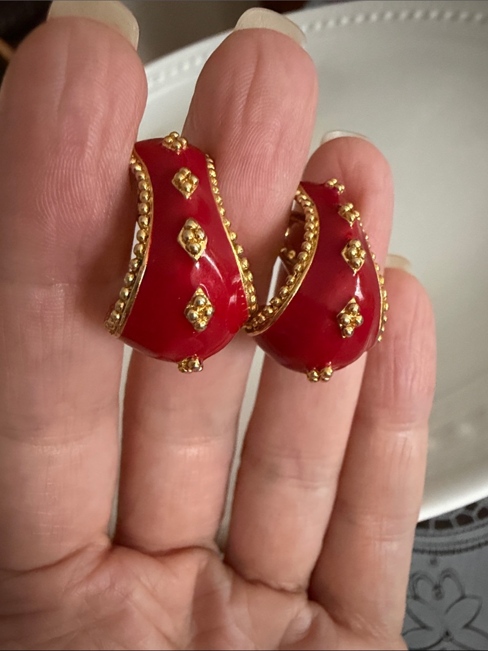 Vintage Avon Red Enamel Clip Earrings: Gold Trim, 1980s Jewelry